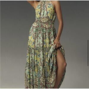 Anthropologie Dress Womens Large Green Floral Halter Maxi Tiered Boho